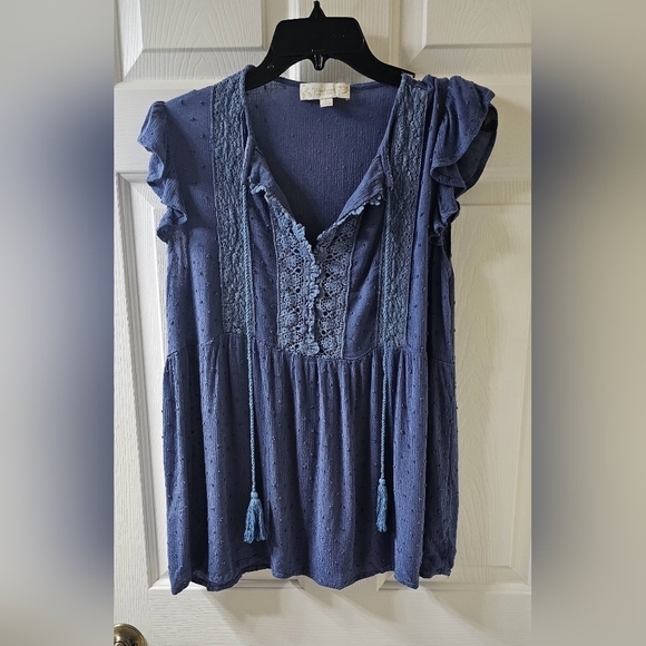 Tops - Susan Betro Blue Intricate Bohemian Detail Capped Sleeved Women's LargeTop